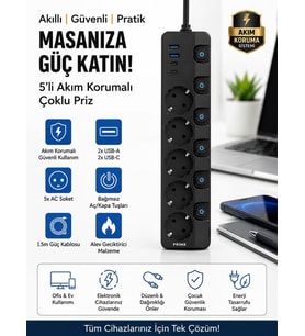 9in1 3680W Anahtarlı 5 Soket 2 USB 2 Type-C 2M Kablolu Hızlı Şarjlı Akım Korumalı Çoklu Priz