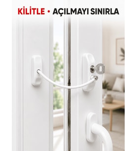Pencere Açılma Emniyet Kilidi Beyaz Kablolu Anahtarlı Çocuk Güvenlik Aparatı