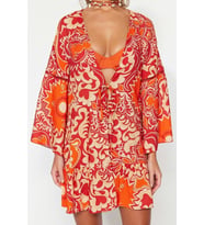 Moda Dokuma Regular Kalıp Crop V Yaka Standart Kol Shally Basic Etnik Desen Kimono Kaftan