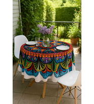 Yuvarlak Etnik Desenli Duck Kumaş Masa Örtüsü 150X150 Cm (Çok Renkli)