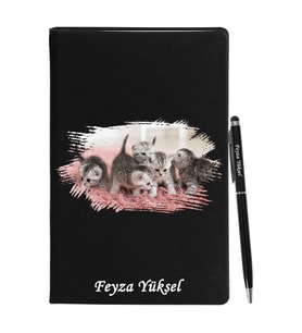 Kişiye Özel Kedi Tasarımlı Siyah Defter Kalem Hediye Seti