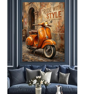 Retro Turuncu Scooter Motosiklet Dekoratif Kanvas - Mdf Ahşap Tablo