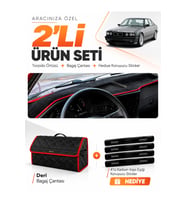 BMW E34 (1988-1996) AİRBAGSİZ Uyumlu Torpido Örtüsü + Deri Bagaj Çantası + Sticker Seti - Siyah Kırmızı