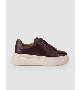 %100 Hakiki Deri Bordo Bağcıklı Kadın Sneaker