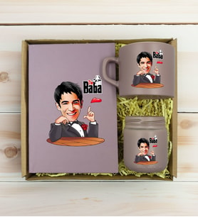 BK Gift Kişiye Özel DTF The Baba Karikatürlü Mat Gri Defter & Kahve Fincanı & Mum Hediye Seti-2, Babaya Hediye, Babalar Günü Hediyeleri