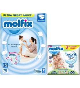 Molfix Bebek Bezi 5 Beden 11-18 KG Junior 78 Adet Ultra Fırsat Pk+3 Adet Islak Mendil