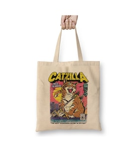 Retro Catzilla Kedi Cats Beyaz Bez Çanta Uzun Saplı Alışveriş Çantası Plaj Çantası