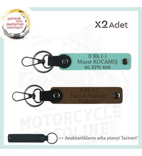 Motorcular İçin, İsim Plaka ve 0 Rh (-) Kan Grubu Yazılı Kişisel x2 Anahtarlık, Kahve-Turkuaz-Laci (Çok Renkli)