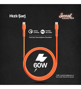 USB-C - USB-C 120cm 60W PD/QC Hızlı Şarj/Data Kablosu Neon 2DK59N (Neon Turuncu)