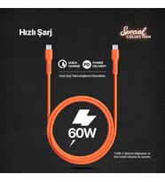 USB-C - USB-C 120cm 60W PD/QC Hızlı Şarj/Data Kablosu Neon 2DK59N (Neon Turuncu)