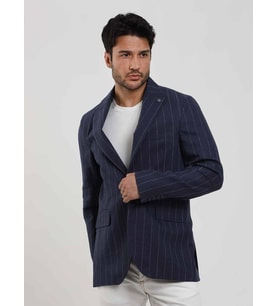 Dufy Lacivert Erkek Regular Fit Çizgili Sivri Yaka Keten Ceket - 104439
