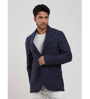 Dufy Lacivert Erkek Regular Fit Çizgili Sivri Yaka Keten Ceket - 104439