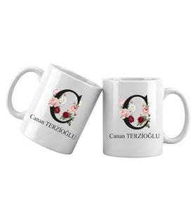 C Harfli Kişiye Özel İsimli Porselen Kupa Bardak – Çiçekli Monogram Harf Tasarımlı İsim Yazılı Kişiselleştirilebilir Hediye Kupa (Beyaz)
