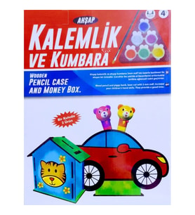 VIP KALİTE MAKET AHŞAP KALEMLİK AHŞAP KUMBARA SETİ 6 AKRİLİK BOYA SETİ AHŞAP ARABALI KALEMLİK