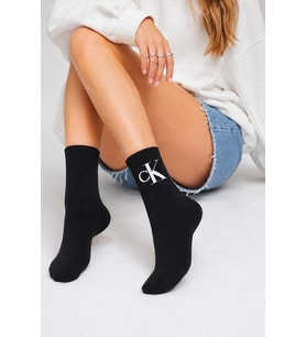 Calvin Klein Unisex CK Monogram Logo Crew Socks 2 Pears Unisex Pamuklu 2 li Paket Günlük Spor Çorap Siyah