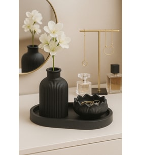 Siyah Lotus Kase ve Çizgili Vazo Seti – 3’lü El Yapımı Tepsili Minimalist Dekor