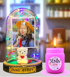 Kişiye Özel Renkli Led Işıklı Fanus ve Kokulu Mum Hediye Seti (Model 1)