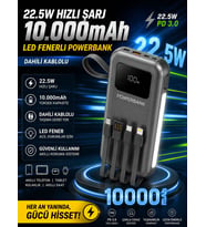 10000mAh 22.5W Hızlı Şarjlı Powerbank USB Micro Type-C Girişli LED Işıklı Kendinden Kablolu