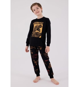 Rolypoly Erkek Çocuk Dinazorlu Uzun Kol Süprem Pijama Takım Siyah