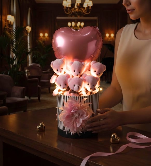 Led Işıklı Dev Kalp Balonlu Pembe Peluş Ayıcık Buketi - Özel Tasarım Hediye Kutusu, Gift Box -Sevgiliye, Arkadaşa Sürpriz Doğum Günü & Tebrik - Kutlama Hediyesi