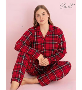 Pijamerry Kadın Büyük Beden Gömlek Yaka Süet Uzun Kol Pijama Takımı 5269- 1 Adet (Kırmızı)