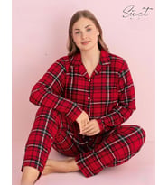 Pijamerry Kadın Büyük Beden Gömlek Yaka Süet Uzun Kol Pijama Takımı 5269- 1 Adet (Kırmızı)