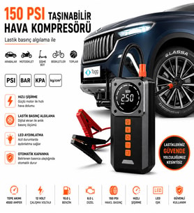 ULTRATEKNO Taşınabilir Dijital Hava Kompresörü 150 PSI Akü Takviye Özellikli 8000MAH Powerbank LED Fener Araç Lastik Şişirme Pompası