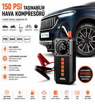 ULTRATEKNO Taşınabilir Dijital Hava Kompresörü 150 PSI Akü Takviye Özellikli 8000MAH Powerbank LED Fener Araç Lastik Şişirme Pompası