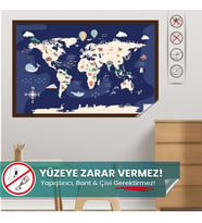 Hayvanlı Dünya Haritası - Eğlenceli Çocuk Odası Sticker, Yüzeye Zarar Vermeyen Sihirli Kağıt Harita