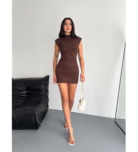 Yarım Bogazlı Kolsuz Mini Boy Elbise - Kahve