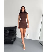 Yarım Bogazlı Kolsuz Mini Boy Elbise - Kahve