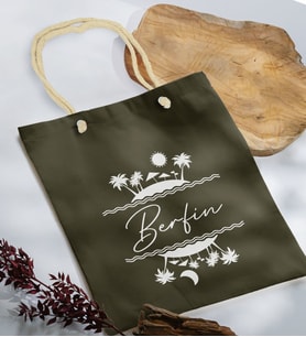 BK Gift Kişiye Özel Yaz Temalı İsimli Haki Halat Saplı Kumaş Plaj Çantası -1, Baskılı Omuz Çantası, Alışveriş Çantası, Arkadaşa Hediye, Sevgiliye Hediye