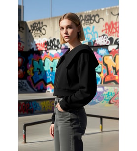 Kadın Moda Şık Crop Polo Yaka Düşük Kol Crop Normal Kalıp Fermuarlı Yaka Detaylı Örme Sweatshirt