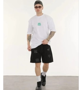 pilelistore- Unisex Bisiklet Yaka Baskılı Oversize T-Shirt - Beyaz