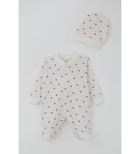 Breeze Kız Bebek Patikli Tulum Çilek Desenli 0-6 Ay, Ekru