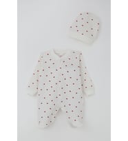 Breeze Kız Bebek Patikli Tulum Çilek Desenli 0-6 Ay, Ekru
