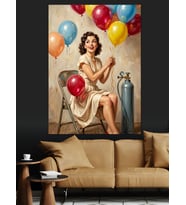 Balonlarla Oturan Vintage Pin-Up Kadın Dekoratif Kanvas - Mdf Ahşap Tablo