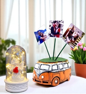 Kişiye Özel 3 Fotoğraflı Vosvos Saksı ve Led Işıklı Beyaz Melekli Fanus (Turuncu)