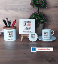 Yengeye Hediye Hediye Seti Dekoratif Taş, Kalemlik, Ahşap Altlıklı Türk Kahvesi Fincanı, Ahşap Anahtarlık Hediye (Model 2)