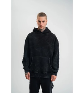 Unisex Uzun Kol Kapşonlu Yıkamalı Nakışlı SweatShirt - Siyah