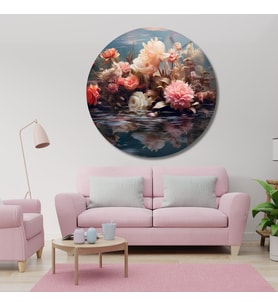 Yuvarlak Temperli Gerçek Cam Tablo Soft Pastel Çiçek ve Yansıma