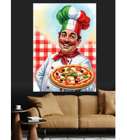 İtalyan Aşçı Pizza Sunuyor Dekoratif Kanvas - Mdf Ahşap Tablo