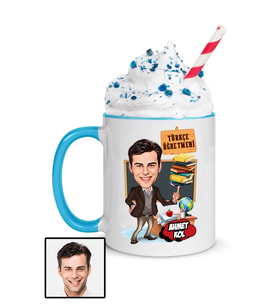 Erkek Türkçe Öğretmenine Hediye Karikatürlü Mavi Kupa Bardak