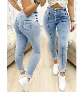 Kadın Çok Düğmeli Yüksek Bel Jean pantolon (Mavi)
