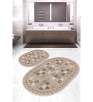 Dijital Baskılı Kaymaz Taban Yıkanabilir Oval 2'li Klozet Takımı Banyo Paspası NOKZ-HT-29 (Bej)