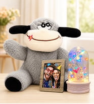 Kişiye Özel Fotoğraflı Renkli LED Işıklı Unicorn Biblolu Fanus ve Peluş Eşek Sevgiliye Kadına Hediye