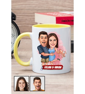 Sevgiliye Hediye Evlenme Teklifi Temalı Karikatürlü Sarı Kupa Bardak