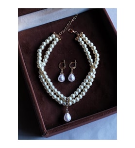 Zirkon Taşlı Tasma Choker İnci Kolye ve İnci Küpe Seti Düğün Nikah Kına