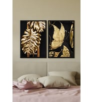 Çerçeveli Tablo Modern Sanatsal  Dekorasyon Ev Dekoru İkili Çerçeve Golden Glitter Bitki ÖZC-419 (Siyah)