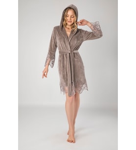 Siyah Dantelli Bambo Cotton  Kadife Bayan Sabahlık (Bej)